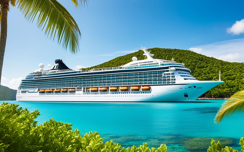 Luxury cruise ship sailing through tropical waters